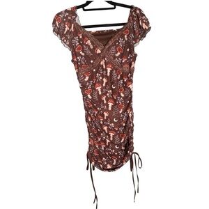 ROMWE Y2K Brown Fairycore Mushroom Lace Dress Cinched Sides